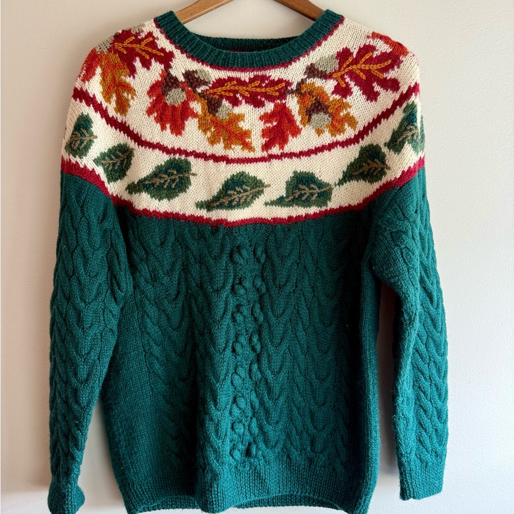 Green Cable Knit Fair Isles Sweater with Autumn Leaf Pattern